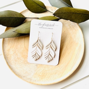 White + Taupe Feather Polymer Clay Earrings