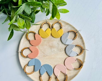 The Garden Collection - Textured Basket Polymer Clay Earrings with Wood Arches - Multiple Colors Available