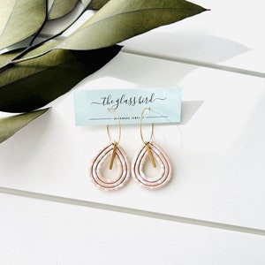 Pink Teardrop Polymer Clay Hoop Earrings with Brass Bar image 5