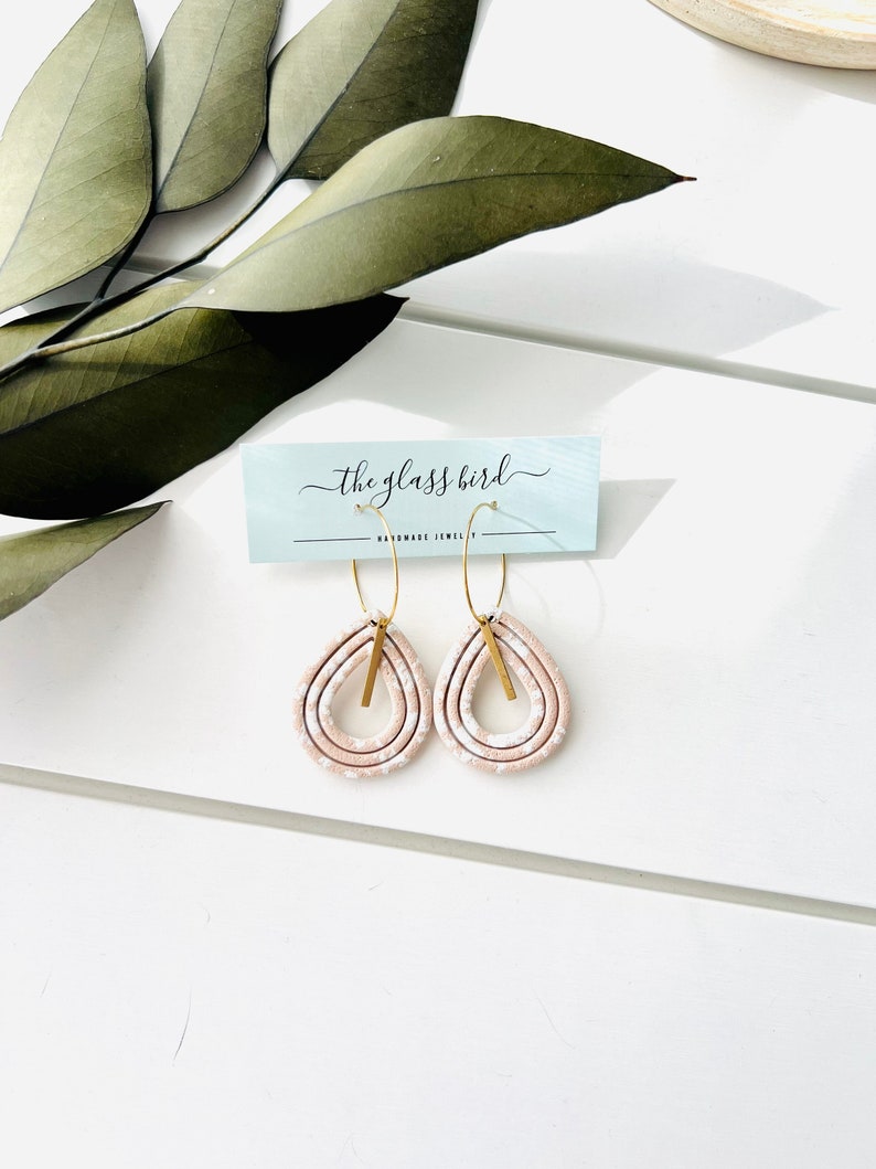 Pink Teardrop Polymer Clay Hoop Earrings with Brass Bar image 5