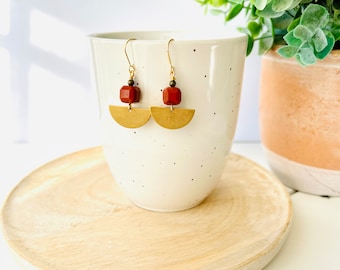 Red Jasper Earrings Brass Half Moon Charm