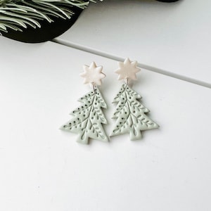 Christmas Tree Clay Earrings - Green with Pearl White Top