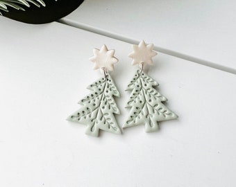 Christmas Tree Clay Earrings - Green with Pearl White Top