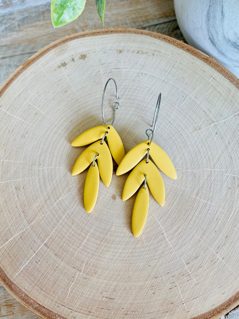 Tropical Leaves Clay Hoop Earrings Mustard Yellow image 4