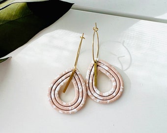 Pink Teardrop Polymer Clay Hoop Earrings with Brass Bar