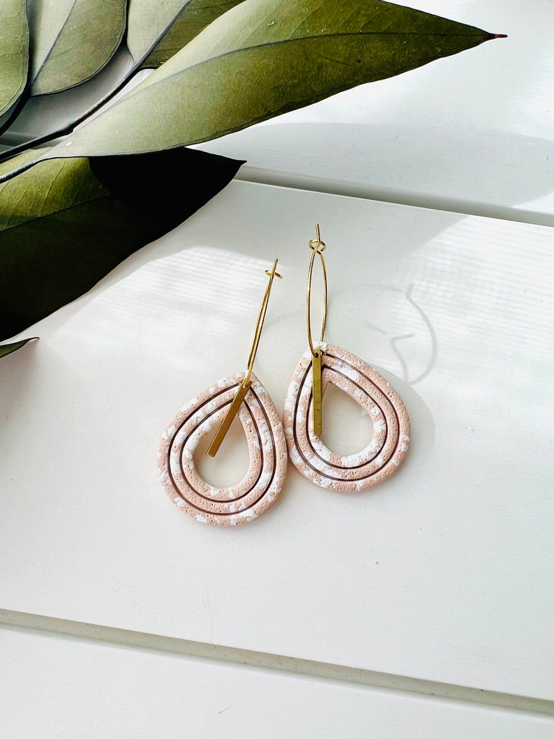 Pink Teardrop Polymer Clay Hoop Earrings with Brass Bar image 1