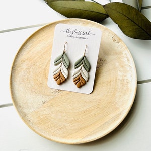 Sage Green Cream Camel Feather Polymer Clay Earrings image 6