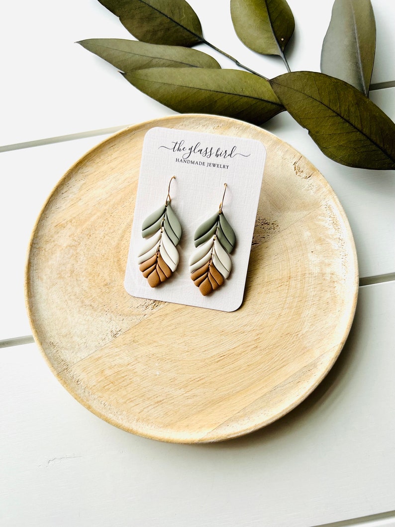 Sage Green Cream Camel Feather Polymer Clay Earrings image 6