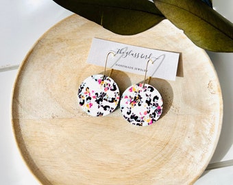 White and Turquoise Floral Round Cork and Leather Earrings