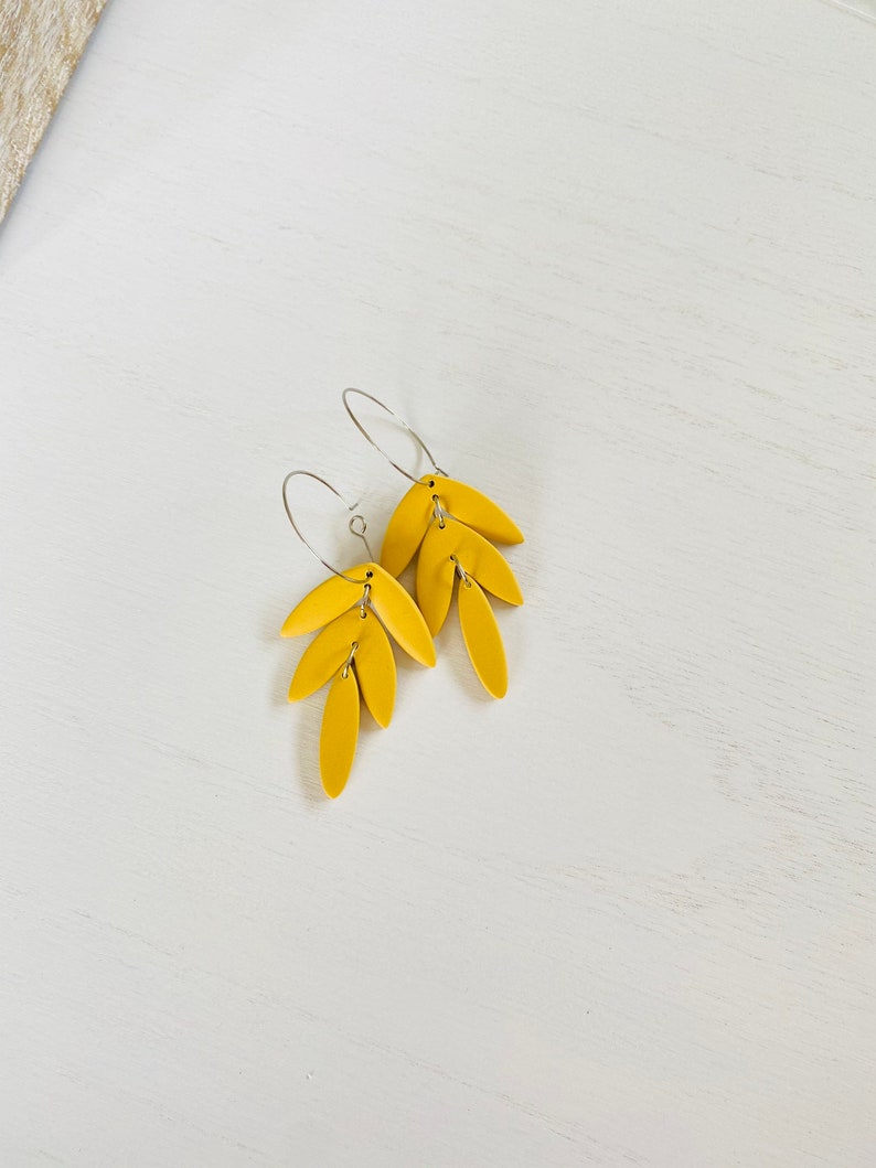 Tropical Leaves Clay Hoop Earrings Mustard Yellow image 7