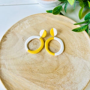 Two-Toned Polymer Clay Hoop Earrings: White & Yellow