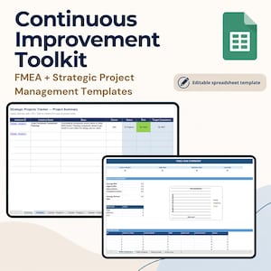 Pode incluir: Kit de ferramentas de melhoria contínua com modelos FMEA e de gestão de projetos estratégicos. Inclui um ícone de folha de cálculo editável e duas vistas de painel digital que mostram um rastreador de projetos e um resumo de riscos FMEA.