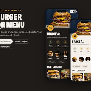 Può includere: Un modello di menu digitale per un ristorante di hamburger visualizzato su due schermi di smartphone. L'interfaccia presenta un'immagine di un hamburger, il testo BRACE 41 e icone per orari, mappa, chiamata e categorie di menu.