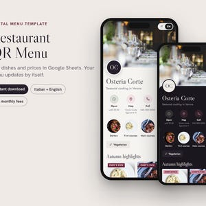 Può includere: Un modello di menu digitale per un QR code da ristorante visualizzato su due smartphone. Gli schermi mostrano l'interfaccia di Osteria Corte con sezioni per antipasti, primi piatti, secondi piatti e i piatti autunnali in modalità chiara e scura.