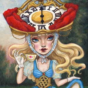 Alice Tea Time magical fantasy Wonderland ORIGINAL oil elegant clock flower surreal portrait
