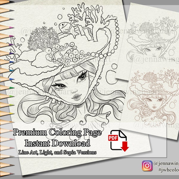 Mermaid Millinery - Premium Coloring Page, Coloring for Adults, Line art, Light, Sepia, Coral Reef, Fish, Printable Instant PDF Download
