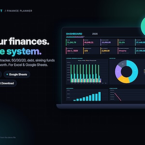 Könnte beinhalten: Ein digitales Finanzplanungs-Dashboard auf einem Laptop-Bildschirm mit Diagrammen, Grafiken und Datentabellen zur Ausgabenverfolgung, Schuldenverwaltung und Vermögensübersicht in einem dunklen Design mit neonfarbenen Akzenten.