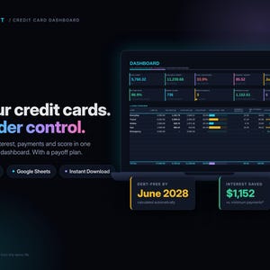 May include: A digital credit card dashboard interface displayed on a laptop screen. The dark-themed UI features financial metrics, debt payoff plans, and tables. Text includes Orbit, Your credit cards. Under control., Excel, Google Sheets, and Instant Download.