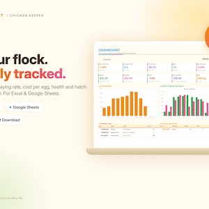 Könnte beinhalten: Ein digitales Dashboard für Hühnerhalter auf einem Laptop-Bildschirm mit Diagrammen, Datentabellen und dem Text 'Your flock. Fully tracked.' für Excel und Google Sheets. Ein kreisförmiges Abzeichen zeigt 9 Registerkarten an.