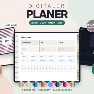 Könnte beinhalten: Ein digitaler Planer für 2026 und 2027 mit einem Dashboard für Ziele, Tracker, Notizen und Rezepte. Die Benutzeroberfläche enthält einen Monatskalender, ein Datumsraster und seitliche Reiter. Text: "DIGITALER PLANER", "2026 2027 UNDATIERT", "Mein Planer".
