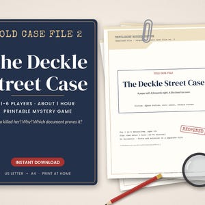 May include: A printable mystery game titled Cold Case File 2: The Deckle Street Case. The dark blue cover features white text, while the white interior documents include a magnifying glass, a red pencil, and a paperclip on a stack of papers.