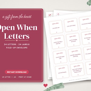 May include: A digital printable set of Open When Letters featuring a dark pink cover page with white text and a white sheet containing twelve square labels with pink borders and text prompts for various occasions and emotional states.