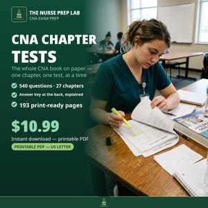 May include: A digital flyer for The Nurse Prep Lab CNA Chapter Tests featuring text: CNA Chapter Tests, 540 questions, 27 chapters, answer key, 193 print-ready pages, and instant download printable PDF for US letter size paper.