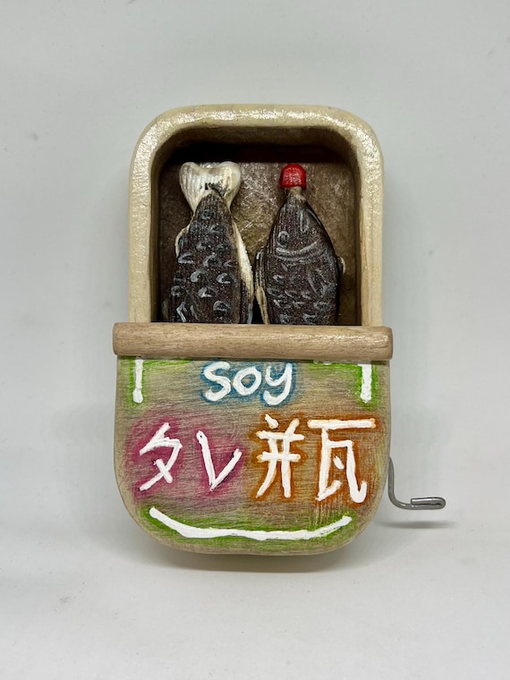 Kinetic Wooden Sculpture. Hand-Cranked Tinned Seafood Automaton Art.