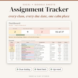 May include: An Excel and Google Sheets assignment tracker dashboard featuring a table with columns for due dates, classes, assignments, types, priority, and status. The interface includes progress bars, summary boxes for tasks, and navigation buttons labeled Due today, Next test, and Up next.