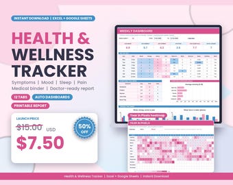 Gezondheids- en welzijnstracker in Excel: Dagelijks logboek voor symptomen, stemming en slaap, medisch dossier, doktersrapport (digitale download)