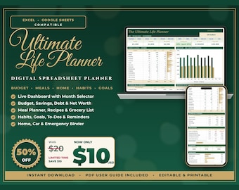 Ultimate Life Planner Spreadsheet, Budget, Meal, Habit Tracker (Digital Download)