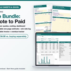 May include: A digital plumbing business management bundle for Google Sheets and Excel, featuring an estimate, invoice, and dashboard. The text reads: Plumbing Pro Bundle: Quote to Paid, Tracker: quotes, costing, dashboard, and more.