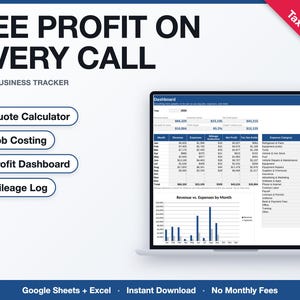 May include: An HVAC business tracker digital spreadsheet for Google Sheets and Excel. The interface features a dashboard with a quote calculator, job costing, profit dashboard, and mileage log. Includes a bonus tax checklist and revenue vs. expenses chart.
