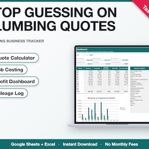 May include: A digital plumbing business tracker displayed on a laptop screen, featuring a dashboard with financial data, revenue vs. expenses charts, and a list of features including a quote calculator, job costing, and mileage log.