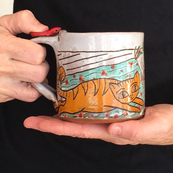 Handmade Ceramic Cat Mug: Carved Pottery with Potted Plants