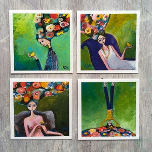 Flower Head Girl Jeu de cartes de vœux de 4