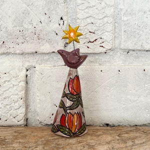 Whimsical Tree Totem with Bird and Sunstar, Handmade Ceramic Sculpture, Happy art, julieholtstudio