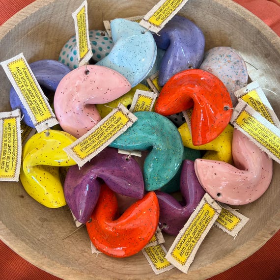 Handmade Ceramic Fortune Cookie: Good Luck Totem With Linen