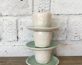 Handmade porcelain Cup or saucer 5”, aqua glaze, Small Batch Pottery, happy pottery, small plate, beach pottery, modern beach house