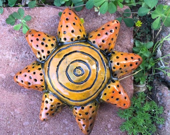 4” Handmade ceramic SUN wall hanging, pottery, happy art, sculpture, julieholtstudio, Small Batch Pottery