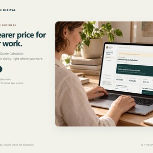 May include: A digital interface for a Freelancer Quote Calculator displayed on a laptop screen. The text reads Emmstech Digital, Freelance Business, A clearer price for your work, Freelancer Quote Calculator, and Offline app.