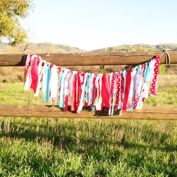 Rag Tie Garland - Red and Aqua Theme Decor - Newborn Photo Prop - Birthday Decor - Wedding Decor - Baby Shower Decor