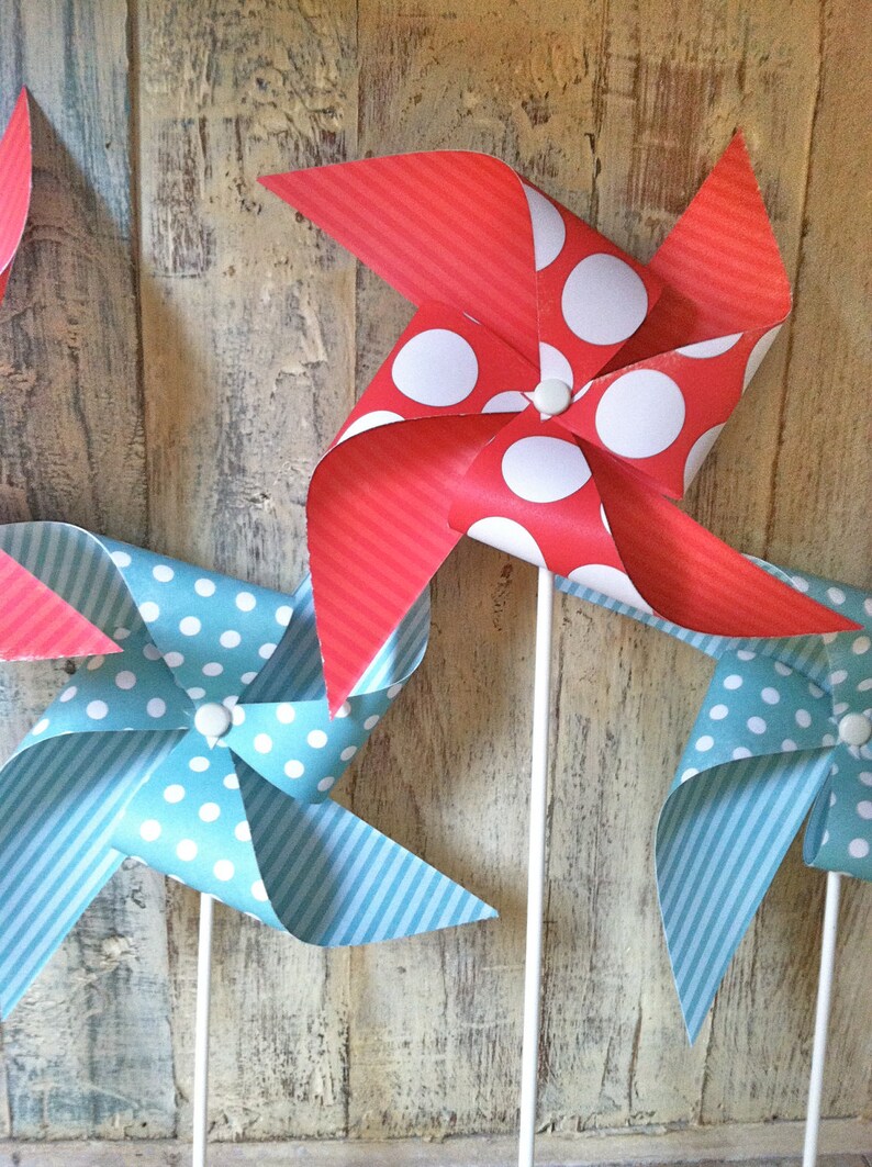 Aqua and Red Paper Pinwheels Pinwheel Party Decor Etsy