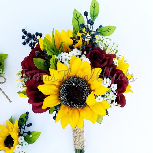 Burgundy Navy Blue White Rose Sunflower Bridal Wedding Bouquet Etsy