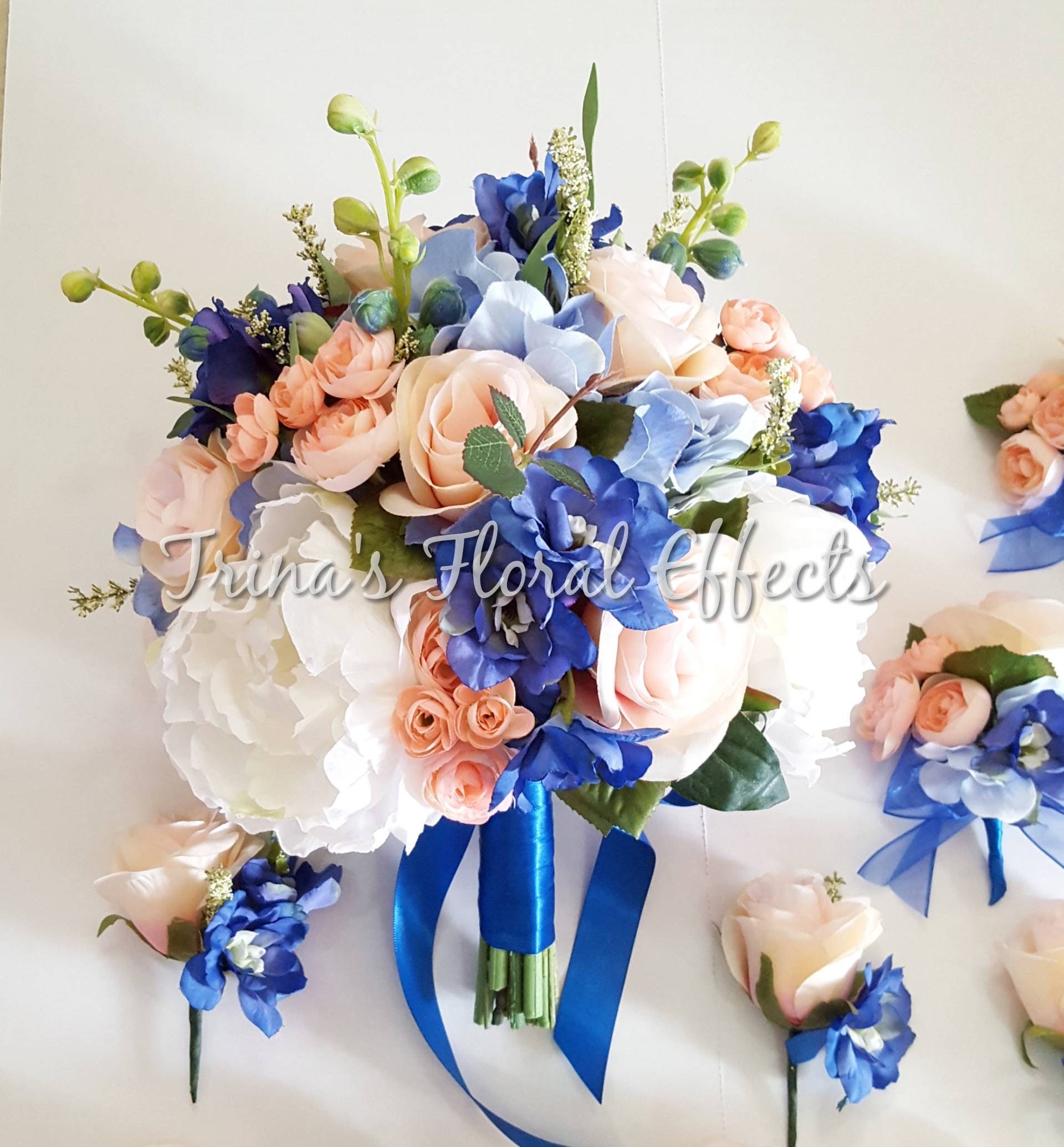Peach And Royal Blue Wedding Bouquet Peach Roses Royal Blue Etsy