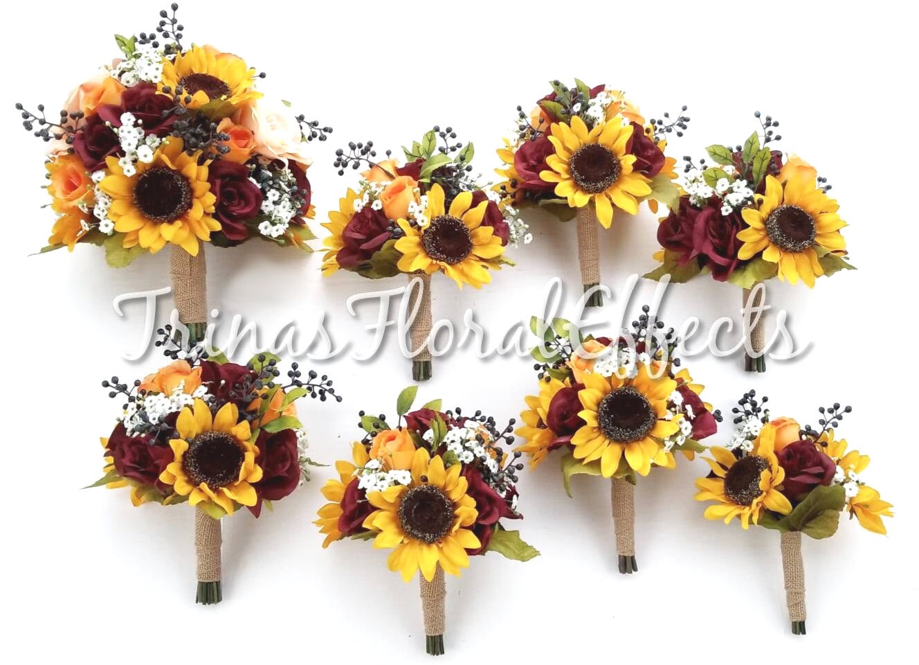 Sunflower, Burgundy Rose, Orange Rose, Babies Breath Wedding Bouquet Set/ S...