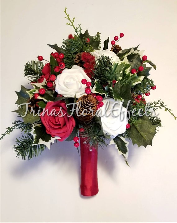 Cranberry Red, White And Champagne Winter Wedding Bouquets Colorblocked ...