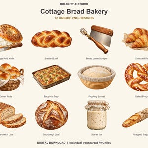 Pacchetto di clipart di pane in formato PNG, 12 pagnotte di pasta madre, pasticcini e disegni da forno, download digitale trasparente