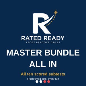 May include: A dark blue graphic featuring a white letter R with a gold airplane icon and a dashed flight path. Text reads RATED READY AFOQT PRACTICE DRILLS, MASTER BUNDLE, ALL IN, All ten scored subtests, and Fresh timed sets, every run.