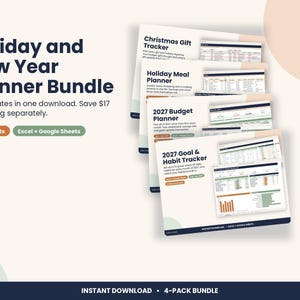 Holiday Planner Bundle, Christmas Gift Tracker, Holiday Meal Planner, 2027 Budget Planner & Habit Tracker for Excel and Google Sheets